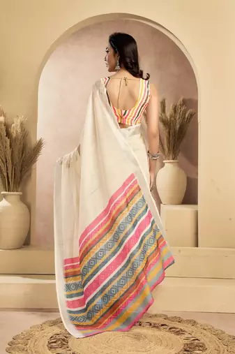 off white lilen print 1 minute ready to wear saree with unstitched blouse piece