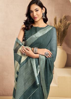 dusty teal lilen print 1 minute ready to wear saree with unstitched blouse piece 1