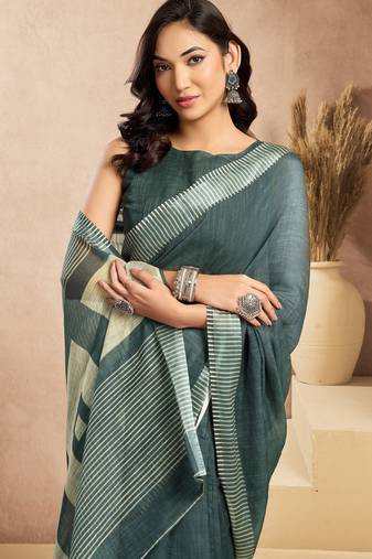 dusty teal lilen print work designer party wear festive 1 minute ready to wear saree with unstitched blouse piece