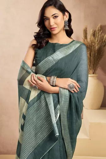 dusty teal lilen print work designer party wear festive 1 minute ready to wear saree with unstitched blouse piece