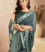 dusty teal lilen print 1 minute ready to wear saree with unstitched blouse piece