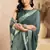 dusty teal lilen print work designer party wear festive 1 minute ready to wear saree with unstitched blouse piece