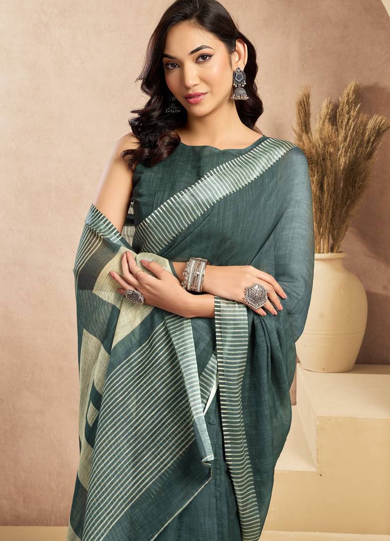 dusty teal lilen print work designer party wear festive 1 minute ready to wear saree with unstitched blouse piece