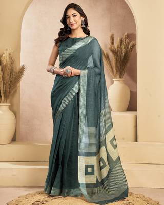 dusty teal lilen print 1 minute ready to wear saree with unstitched blouse piece 2