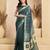 dusty teal lilen print work designer party wear festive 1 minute ready to wear saree with unstitched blouse piece