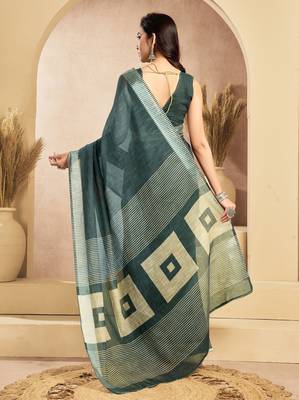 dusty teal lilen print 1 minute ready to wear saree with unstitched blouse piece 3