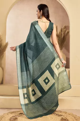 dusty teal lilen print 1 minute ready to wear saree with unstitched blouse piece