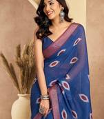 blue lilen print 1 minute ready to wear saree with unstitched blouse piece