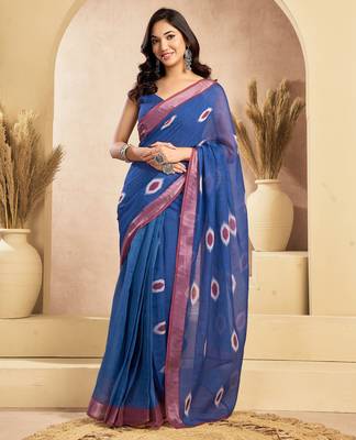 blue lilen print 1 minute ready to wear saree with unstitched blouse piece 2