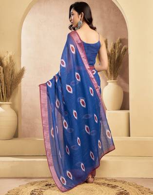 blue lilen print 1 minute ready to wear saree with unstitched blouse piece 3