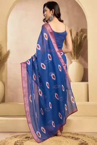 blue lilen print 1 minute ready to wear saree with unstitched blouse piece