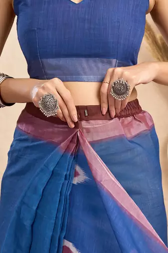 blue lilen print 1 minute ready to wear saree with unstitched blouse piece