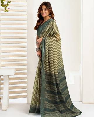 dusty teal lilen print 1 minute ready to wear saree with unstitched blouse piece 1