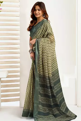 dusty teal lilen print work designer party wear festive 1 minute ready to wear saree with unstitched blouse piece