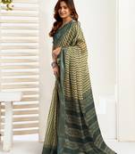 dusty teal lilen print 1 minute ready to wear saree with unstitched blouse piece