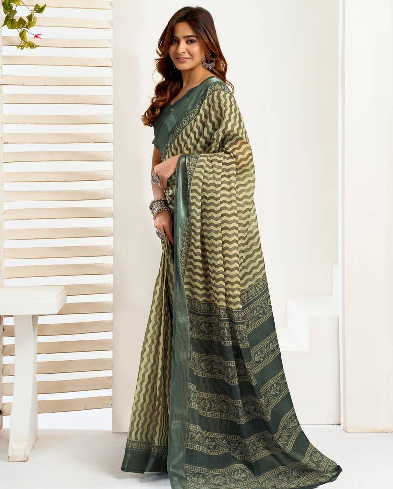 dusty teal lilen print work designer party wear festive 1 minute ready to wear saree with unstitched blouse piece