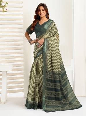 dusty teal lilen print 1 minute ready to wear saree with unstitched blouse piece 2