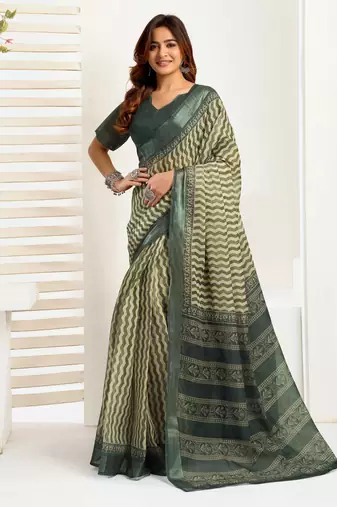 dusty teal lilen print 1 minute ready to wear saree with unstitched blouse piece