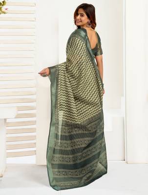 dusty teal lilen print 1 minute ready to wear saree with unstitched blouse piece 3