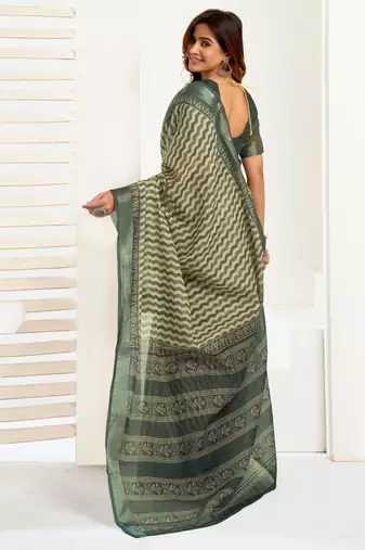 dusty teal lilen print 1 minute ready to wear saree with unstitched blouse piece