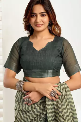 dusty teal lilen print 1 minute ready to wear saree with unstitched blouse piece
