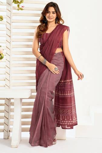 Wine lilen print work designer party wear festive 1 minute ready to wear saree with unstitched blouse piece
