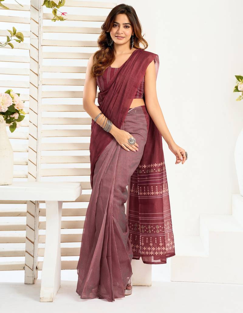 Wine lilen print work designer party wear festive 1 minute ready to wear saree with unstitched blouse piece