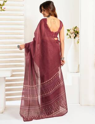 Wine lilen print 1 minute ready to wear saree with unstitched blouse piece 3