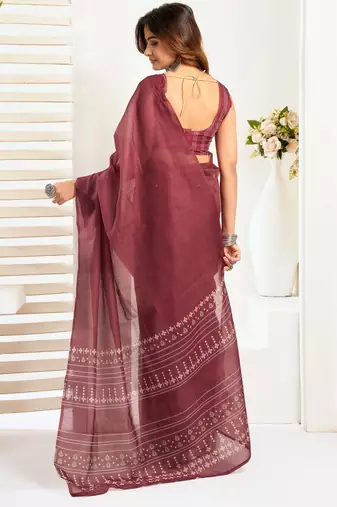 Wine lilen print 1 minute ready to wear saree with unstitched blouse piece