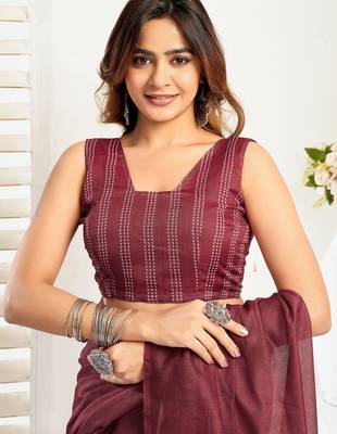 Wine lilen print 1 minute ready to wear saree with unstitched blouse piece 5