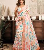 white lilen print 1 minute ready to wear saree with unstitched blouse piece