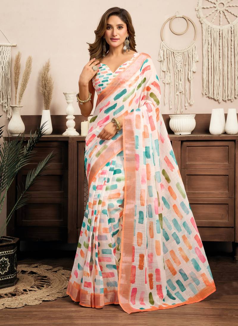white lilen print work designer party wear festive 1 minute ready to wear saree with unstitched blouse piece