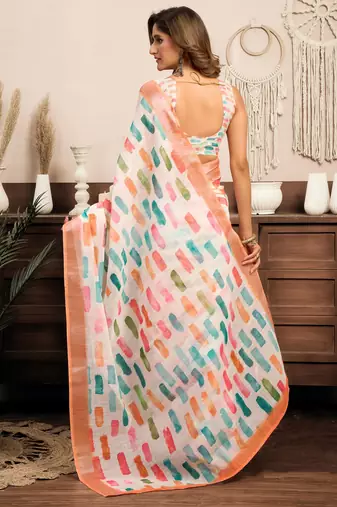 white lilen print 1 minute ready to wear saree with unstitched blouse piece