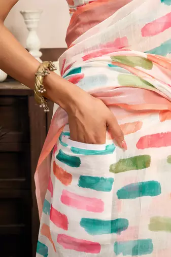 white lilen print 1 minute ready to wear saree with unstitched blouse piece