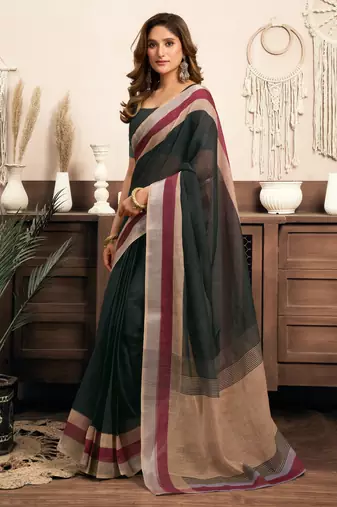 black lilen print 1 minute ready to wear saree with unstitched blouse piece