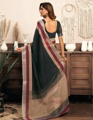 black lilen print 1 minute ready to wear saree with unstitched blouse piece 3
