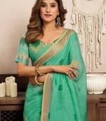 sea green lilen print 1 minute ready to wear saree with unstitched blouse piece