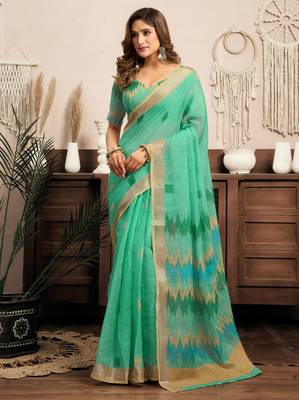 sea green lilen print 1 minute ready to wear saree with unstitched blouse piece 2