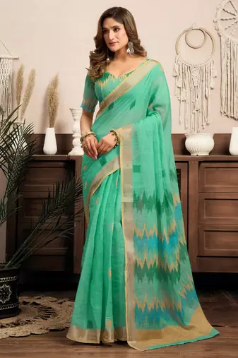 sea green lilen print 1 minute ready to wear saree with unstitched blouse piece