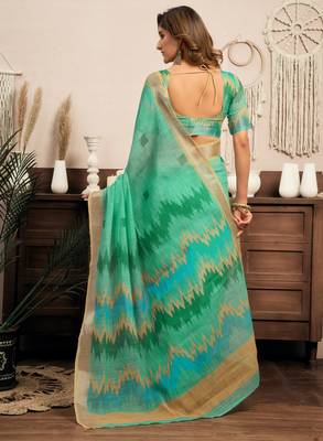 sea green lilen print 1 minute ready to wear saree with unstitched blouse piece 3