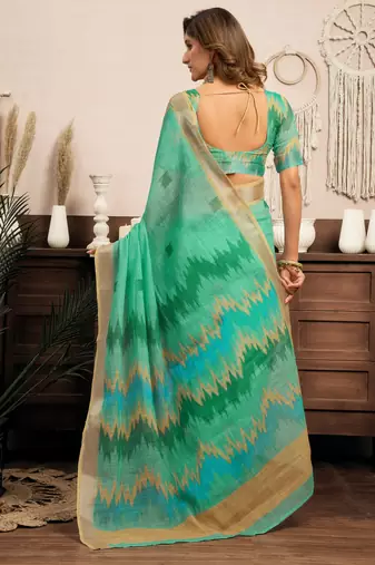 sea green lilen print 1 minute ready to wear saree with unstitched blouse piece