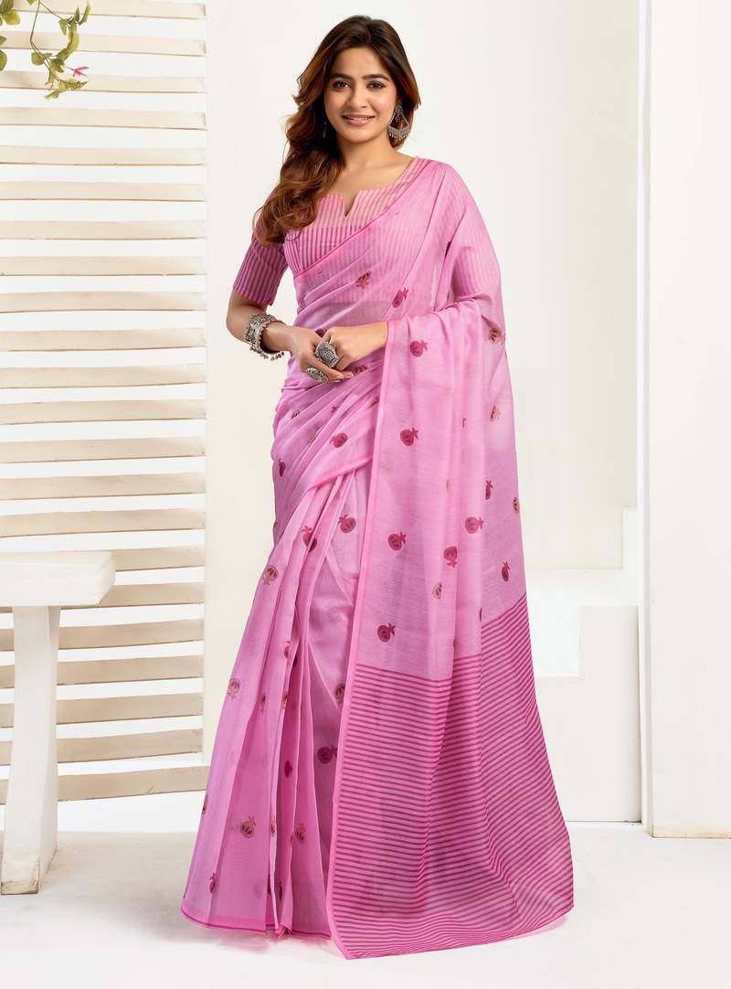 baby pink lilen print work designer party wear festive 1 minute ready to wear saree with unstitched blouse piece