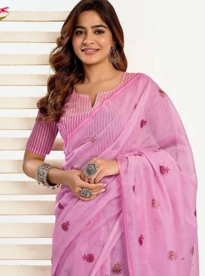baby pink lilen print 1 minute ready to wear saree with unstitched blouse piece 4