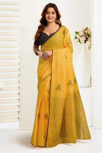 yellow black lilen print work designer party wear festive 1 minute ready to wear saree with unstitched blouse piece