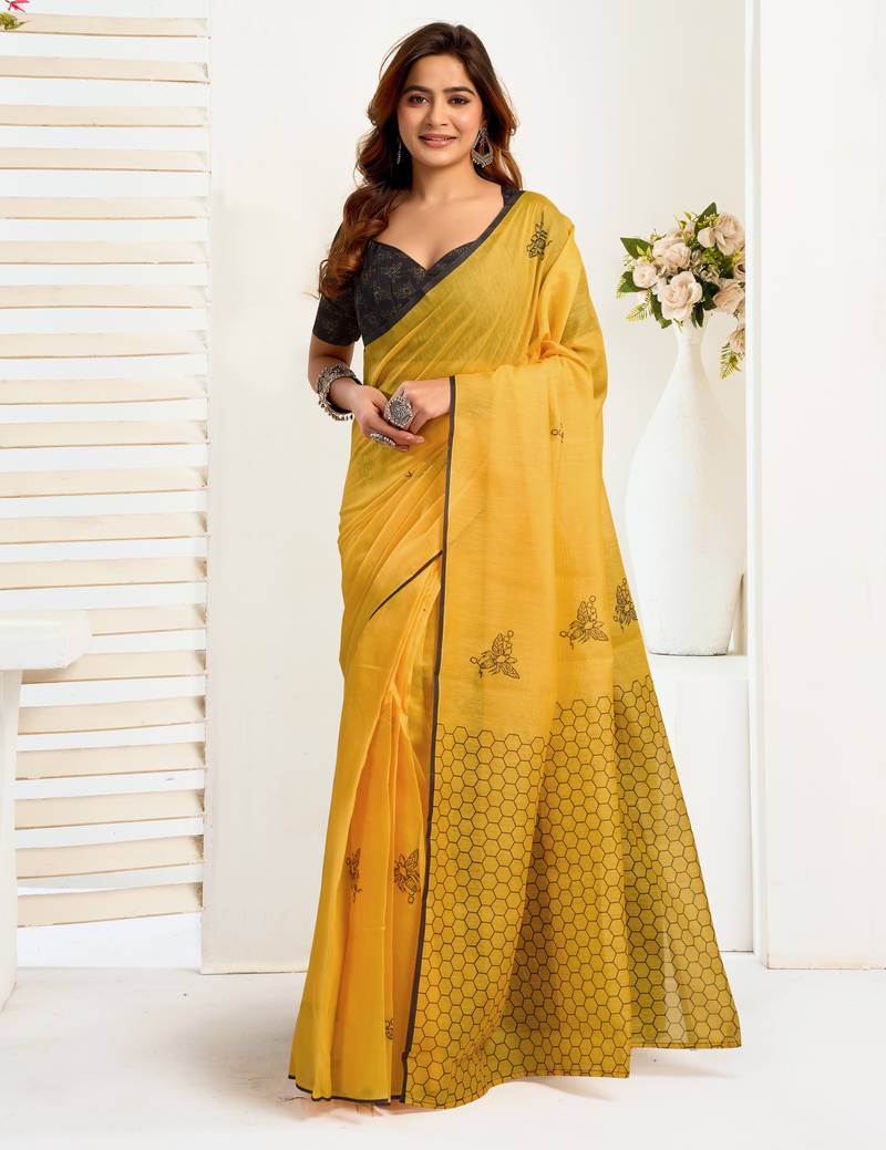 yellow black lilen print work designer party wear festive 1 minute ready to wear saree with unstitched blouse piece