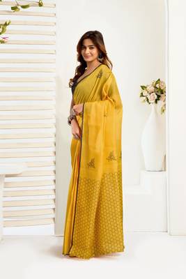 yellow black lilen print 1 minute ready to wear saree with unstitched blouse piece 2