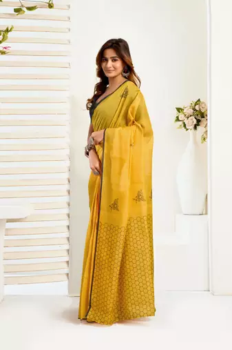 yellow black lilen print 1 minute ready to wear saree with unstitched blouse piece