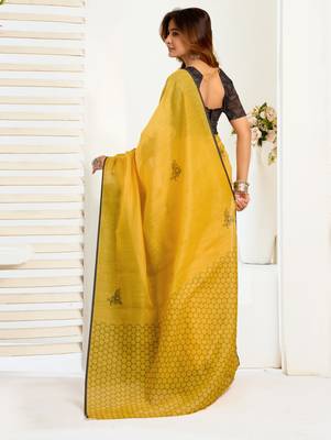 yellow black lilen print 1 minute ready to wear saree with unstitched blouse piece 3