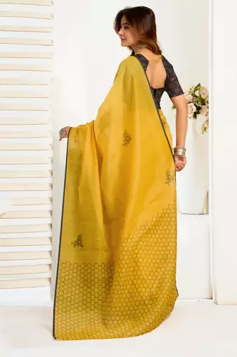 yellow black lilen print 1 minute ready to wear saree with unstitched blouse piece