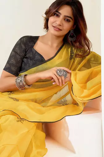 yellow black lilen print 1 minute ready to wear saree with unstitched blouse piece